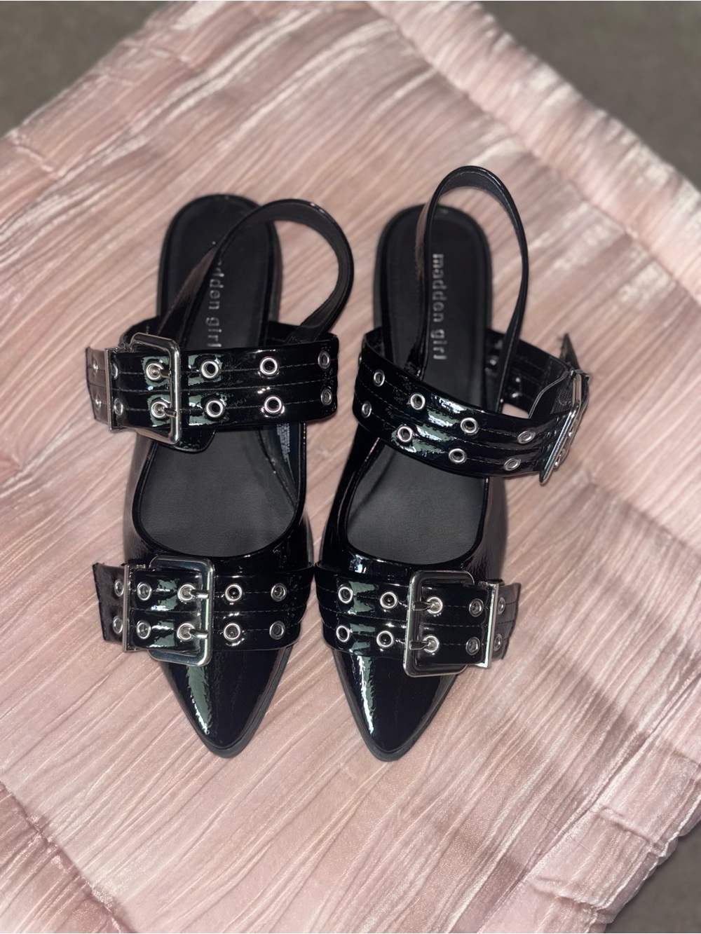 Madden Girl Black Patent Pointed Double-Buckle Slingbacks